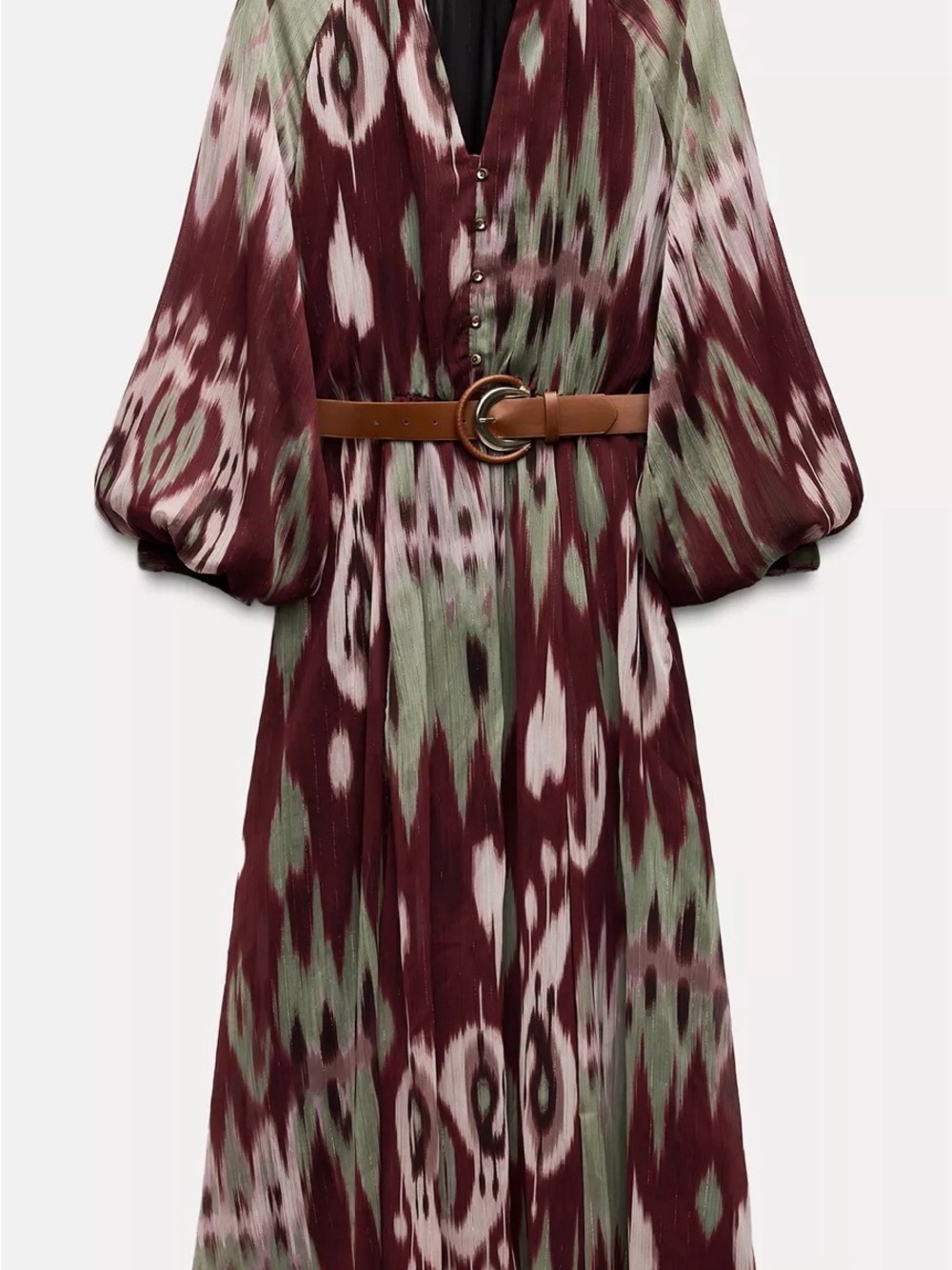 Zara Burgundy, Olive & Cream Printed Midi Dress with Belt